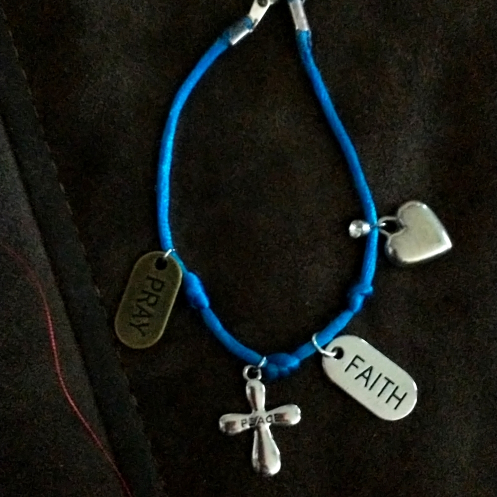Blue Satin Pray, Peace, Faith, Love Bracelet